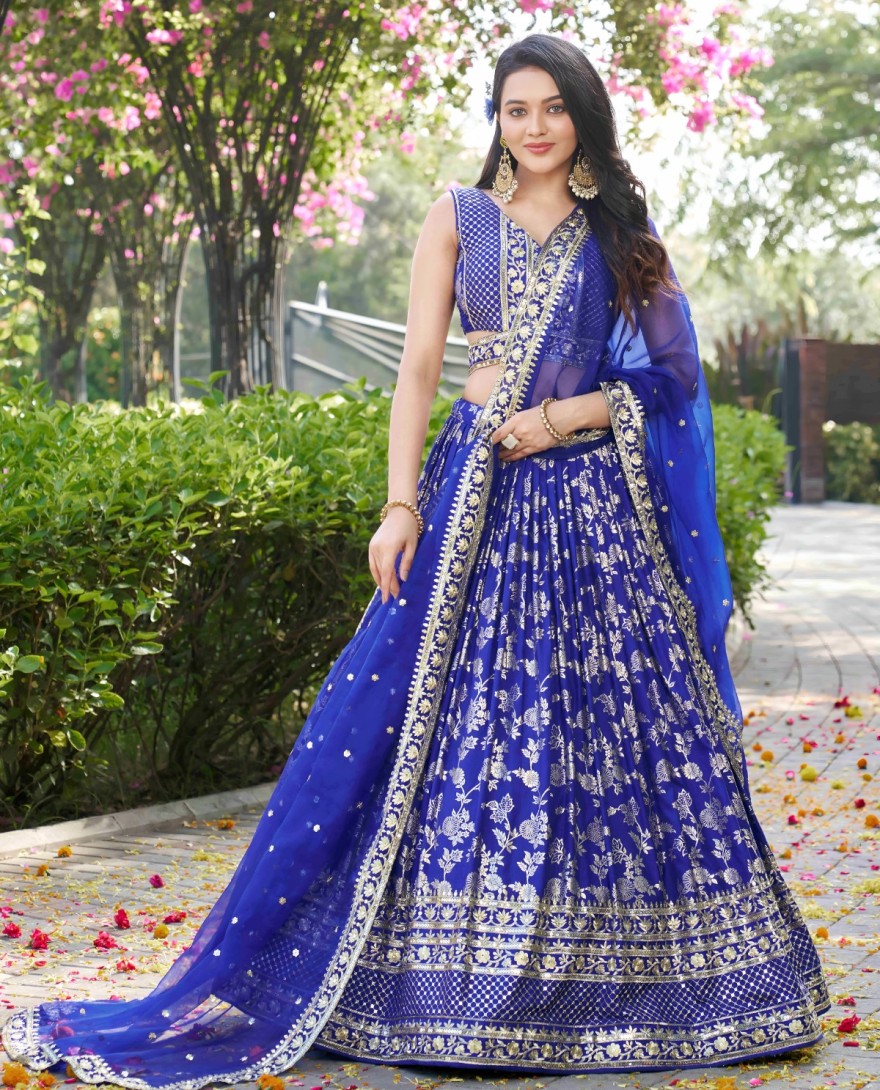 BLUE - Prodigious Blue Jacquard Lehenga Choli with Embroidered, Jacquard, Sequins and Zari Work