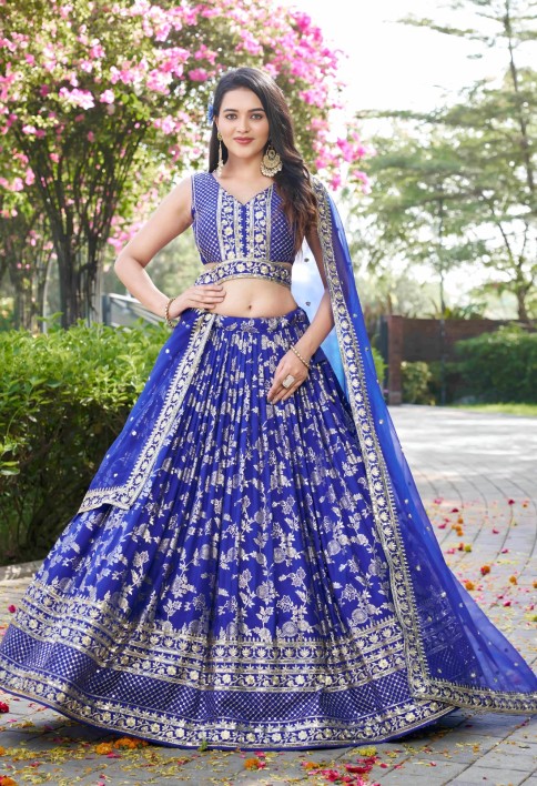 Prodigious Blue Jacquard Lehenga Choli with Embroidered, Jacquard, Sequins and Zari Work
