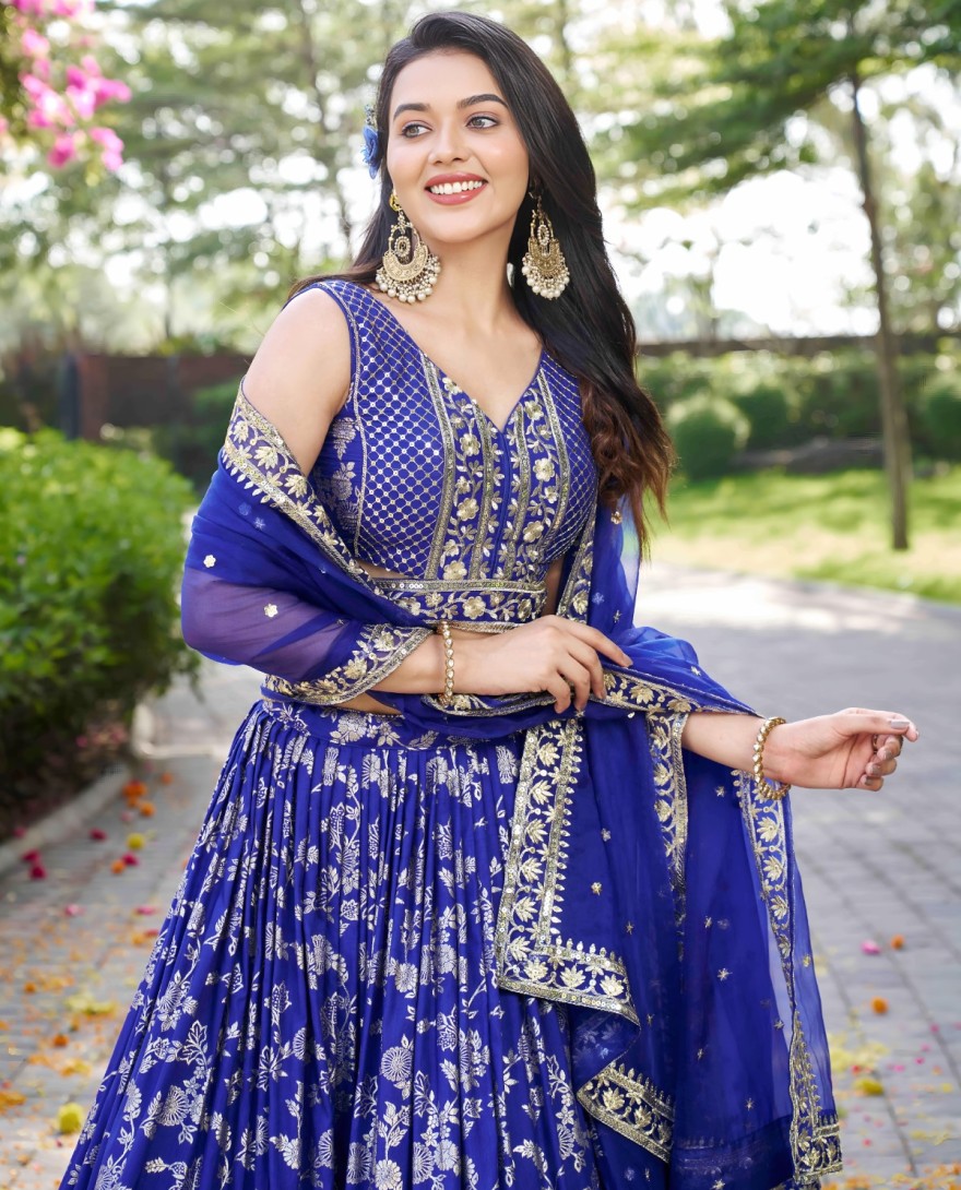BLUE - Prodigious Blue Jacquard Lehenga Choli with Embroidered, Jacquard, Sequins and Zari Work