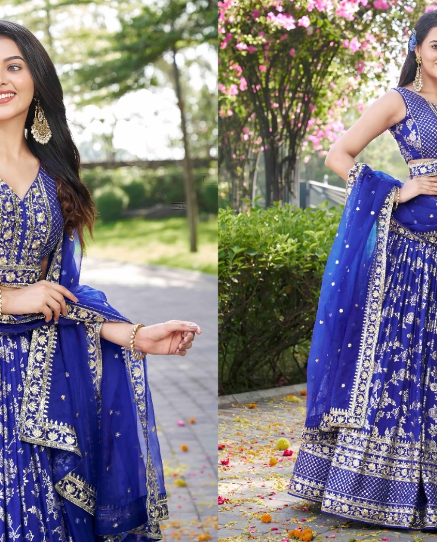 BLUE - Prodigious Blue Jacquard Lehenga Choli with Embroidered, Jacquard, Sequins and Zari Work