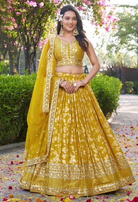 Yellow Jacquard Lehenga Choli