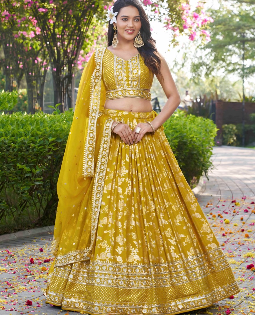 YELLOW - Yellow Jacquard Lehenga Choli