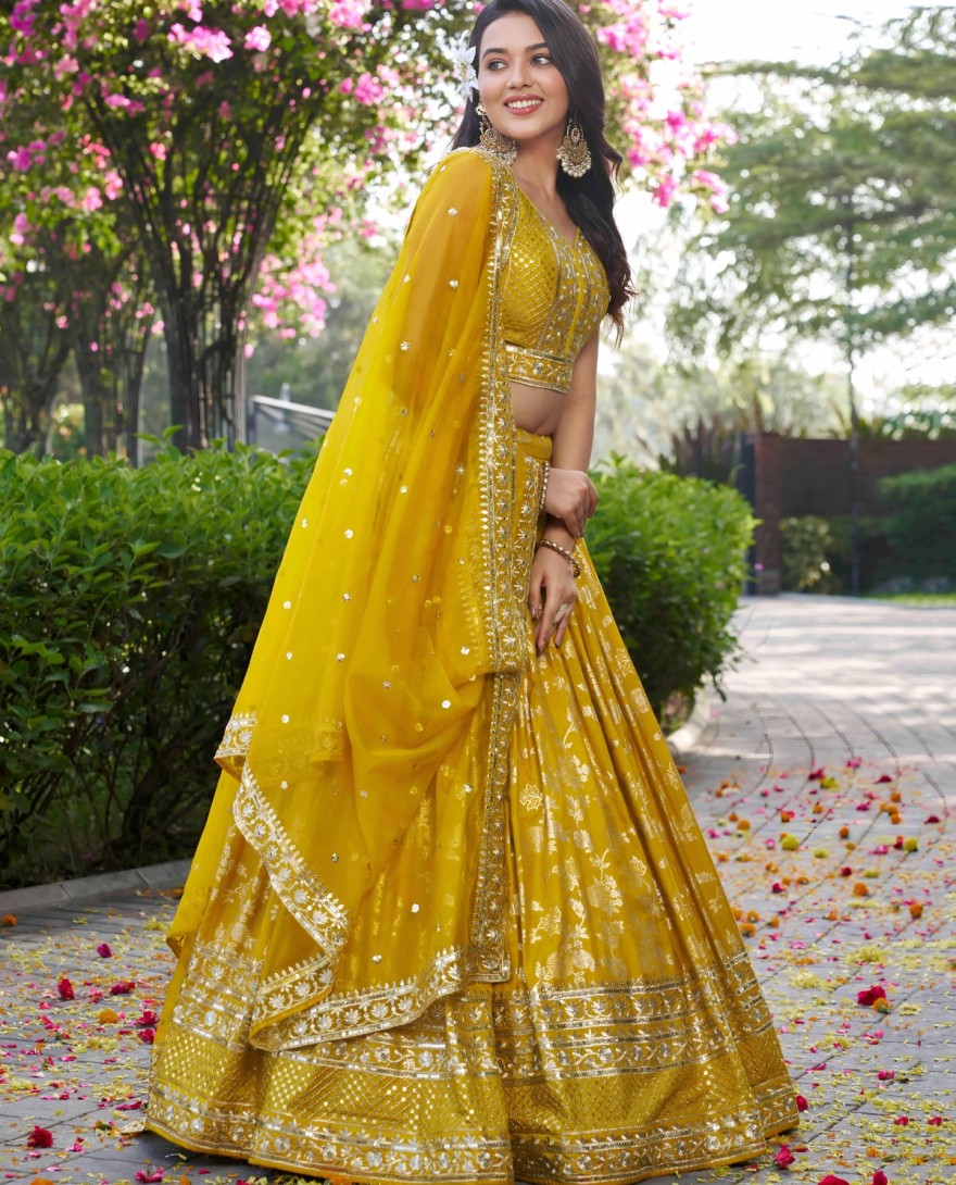 YELLOW - Yellow Jacquard Lehenga Choli