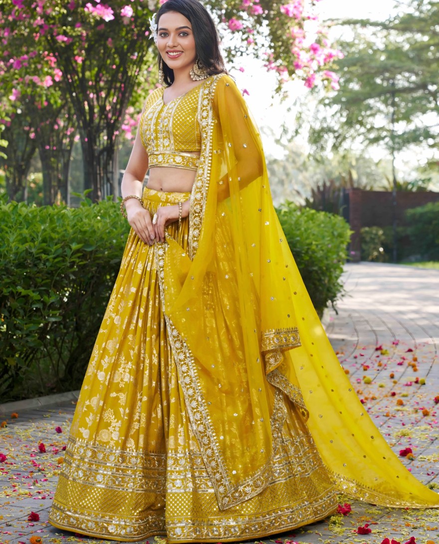 YELLOW - Yellow Jacquard Lehenga Choli