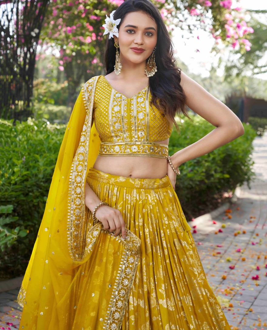 YELLOW - Yellow Jacquard Lehenga Choli
