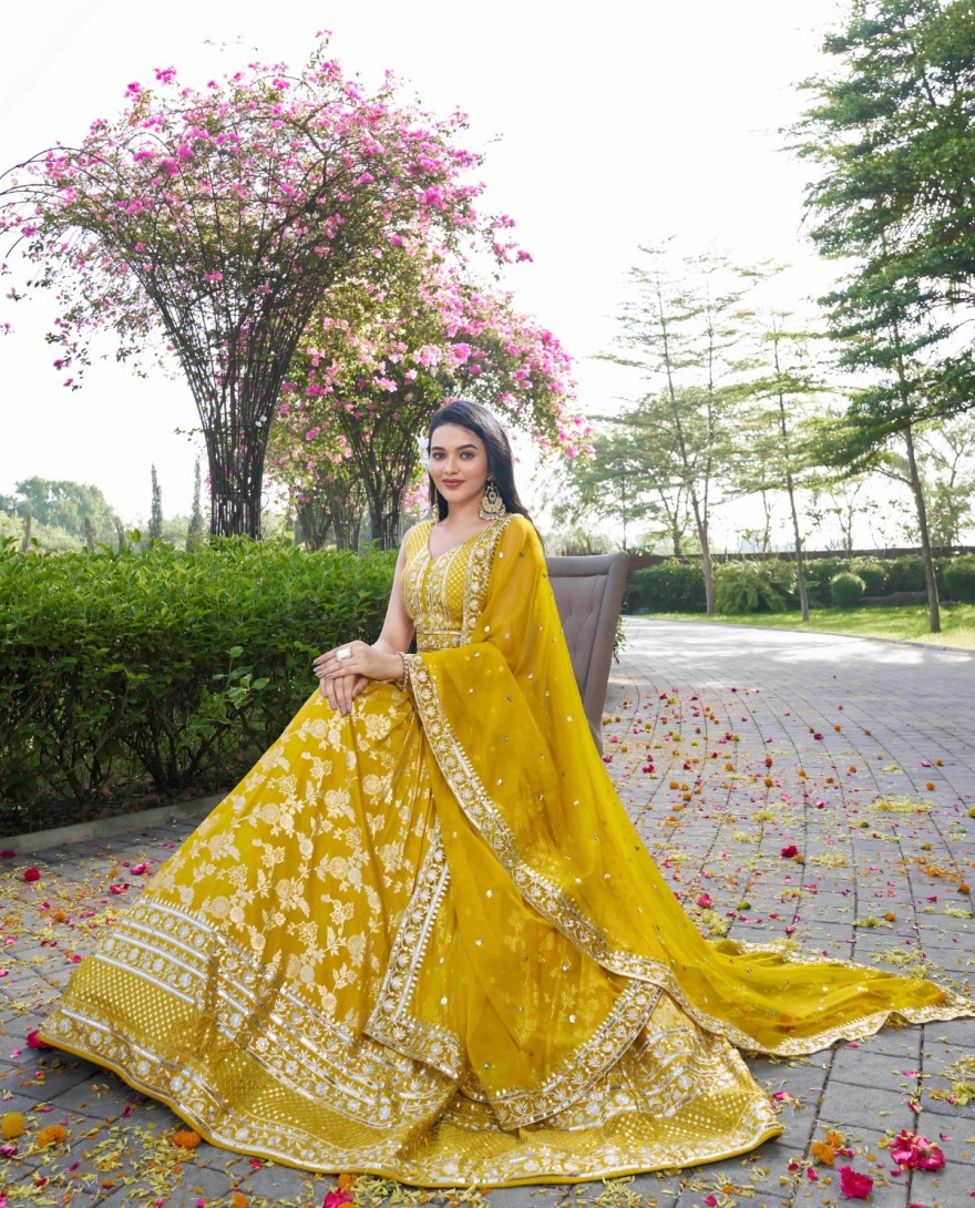 YELLOW - Yellow Jacquard Lehenga Choli
