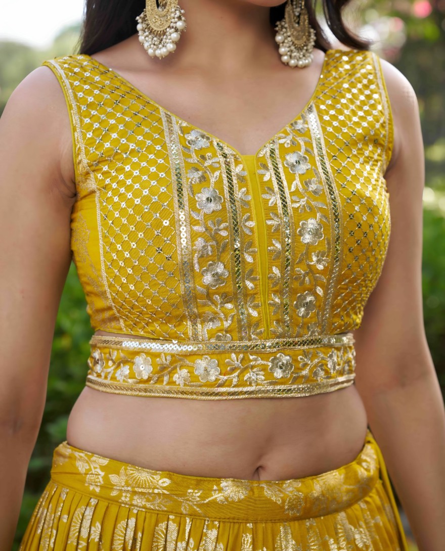 YELLOW - Yellow Jacquard Lehenga Choli