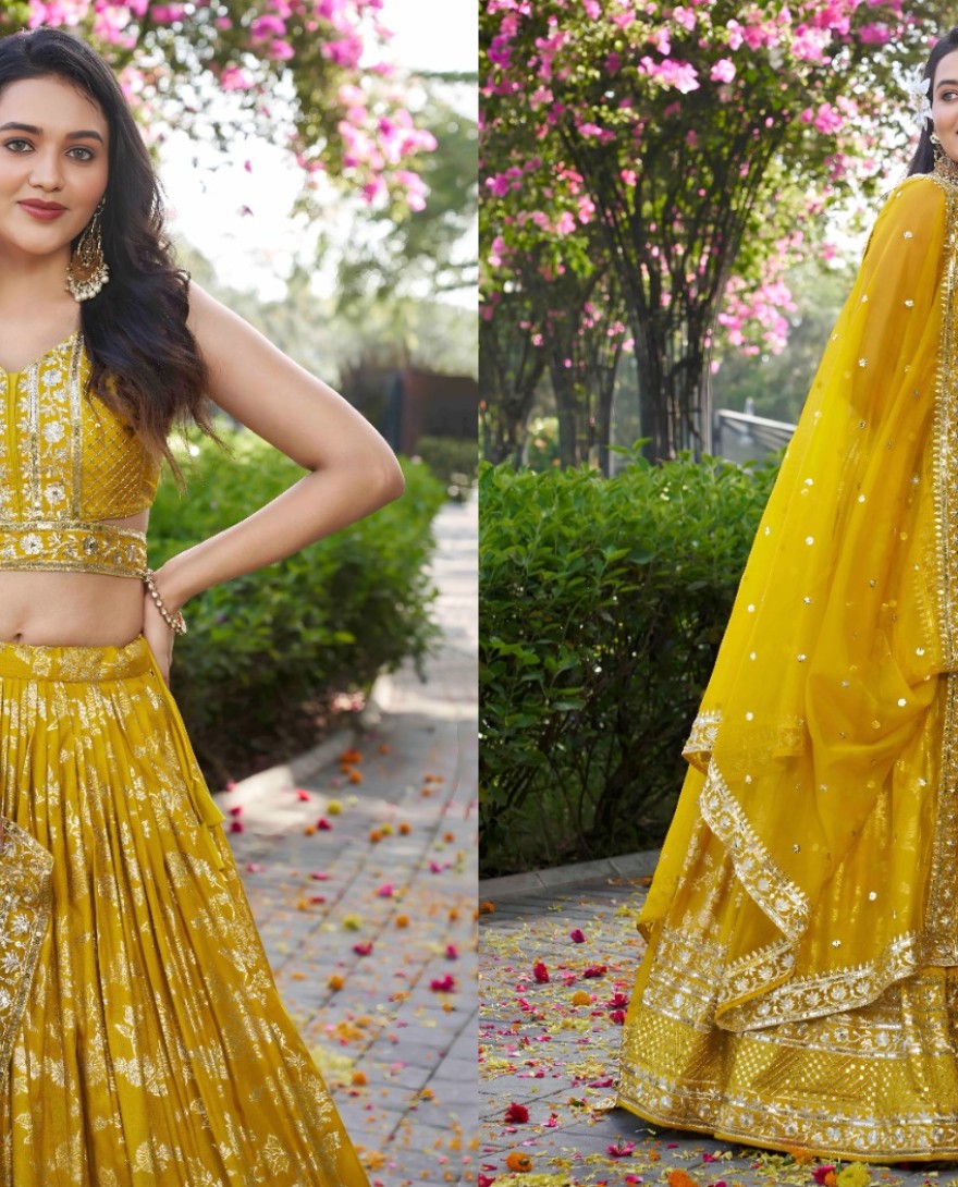 YELLOW - Yellow Jacquard Lehenga Choli