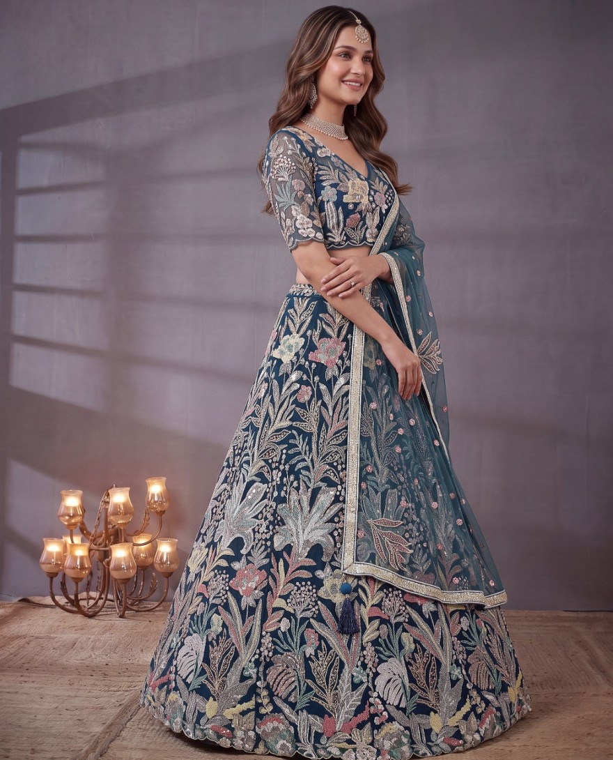 TEALBLUE - Exquisite Teal Blue Soft Net Floral Embroidered Designer Lehenga Choli with Dupatta