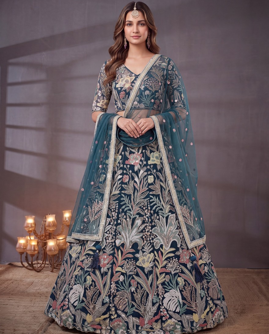 TEALBLUE - Exquisite Teal Blue Soft Net Floral Embroidered Designer Lehenga Choli with Dupatta
