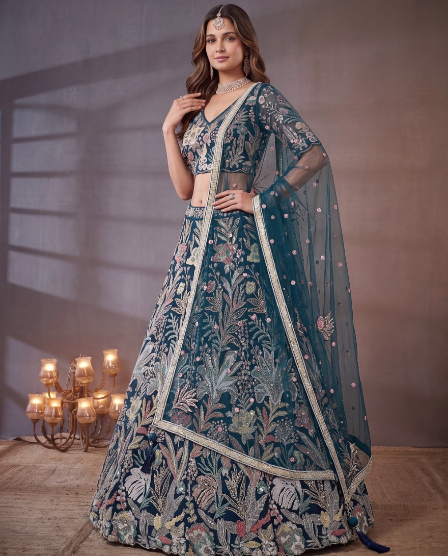 TEALBLUE - Exquisite Teal Blue Soft Net Floral Embroidered Designer Lehenga Choli with Dupatta