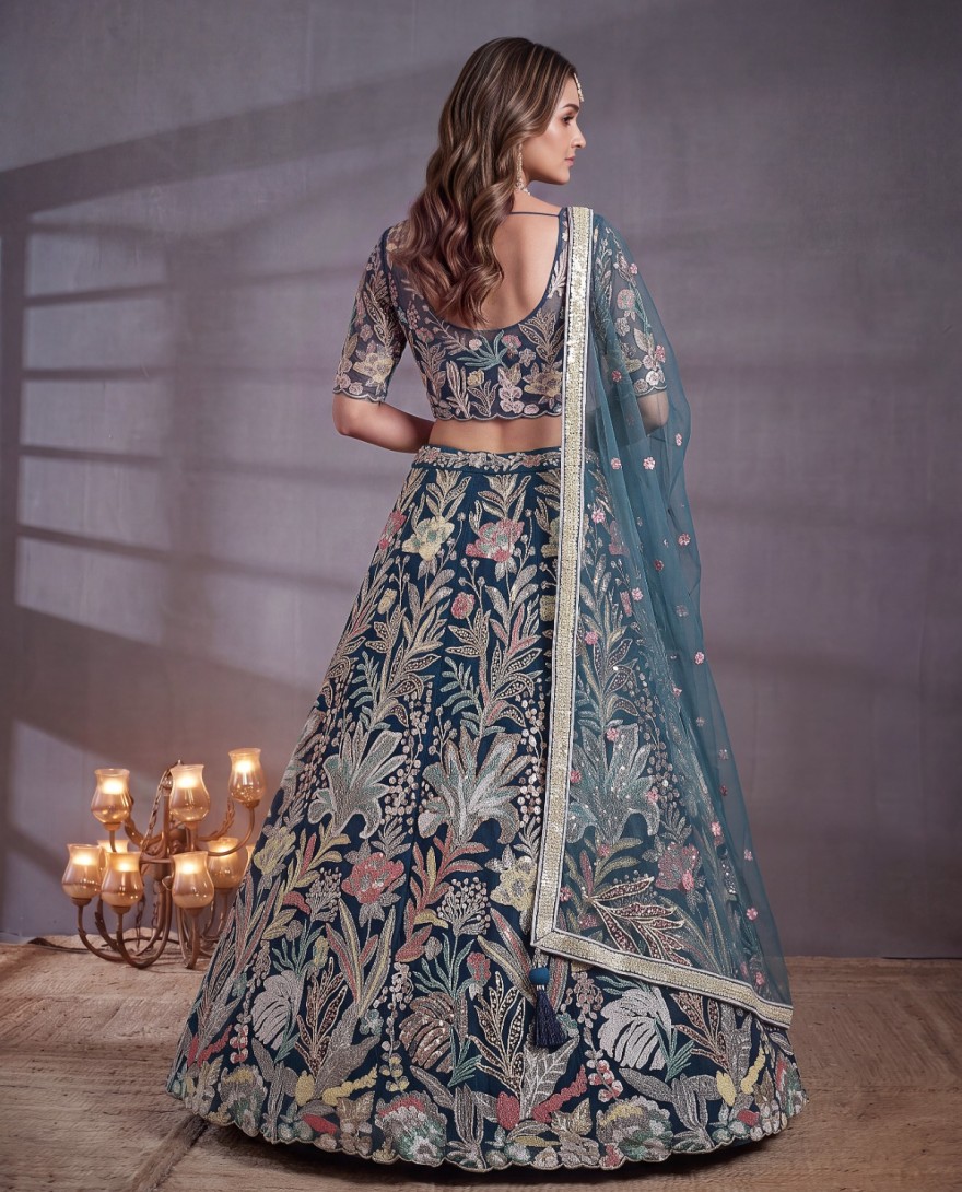 TEALBLUE - Exquisite Teal Blue Soft Net Floral Embroidered Designer Lehenga Choli with Dupatta