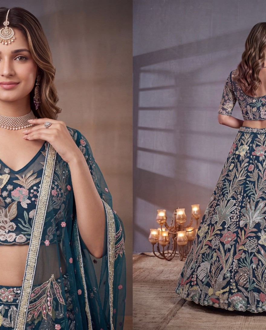 TEALBLUE - Exquisite Teal Blue Soft Net Floral Embroidered Designer Lehenga Choli with Dupatta