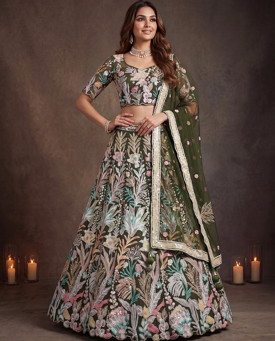 GREEN - Adorning Green Sequins Net Reception Wear Lehenga Choli with Dupatta