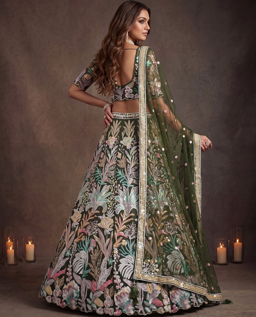 GREEN - Adorning Green Sequins Net Reception Wear Lehenga Choli with Dupatta