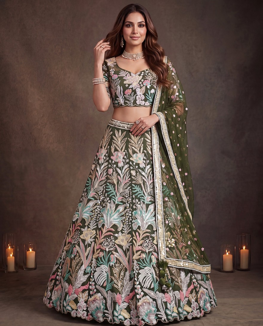 GREEN - Adorning Green Sequins Net Reception Wear Lehenga Choli with Dupatta
