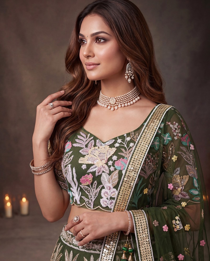GREEN - Adorning Green Sequins Net Reception Wear Lehenga Choli with Dupatta