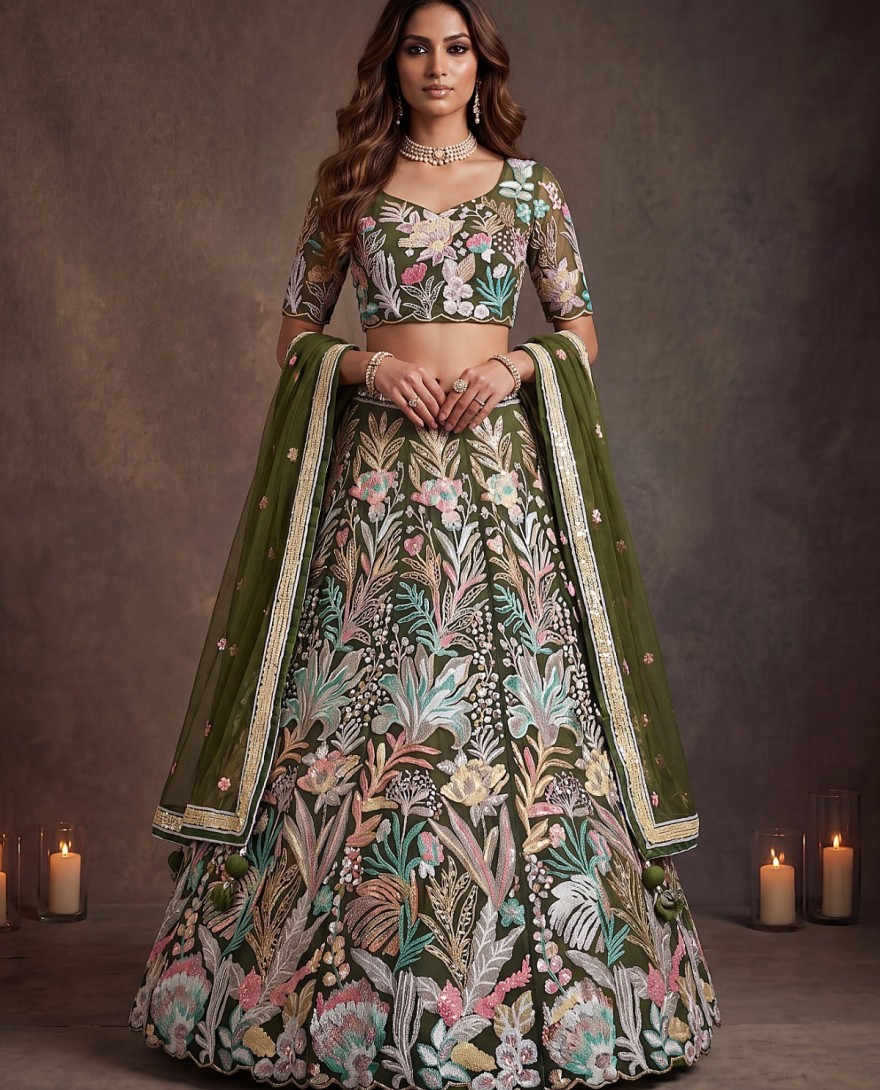 GREEN - Adorning Green Sequins Net Reception Wear Lehenga Choli with Dupatta