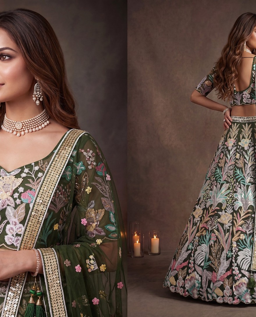 GREEN - Adorning Green Sequins Net Reception Wear Lehenga Choli with Dupatta