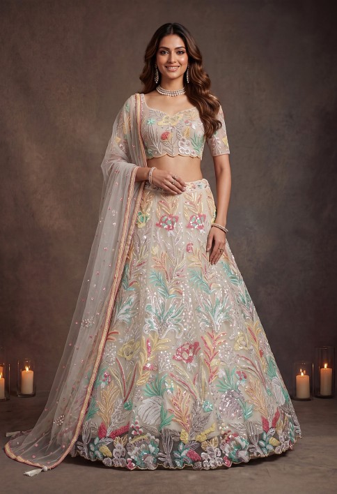 Charming Off-White Sequin Net Wedding Wear Lehenga Choli With Dupatta
