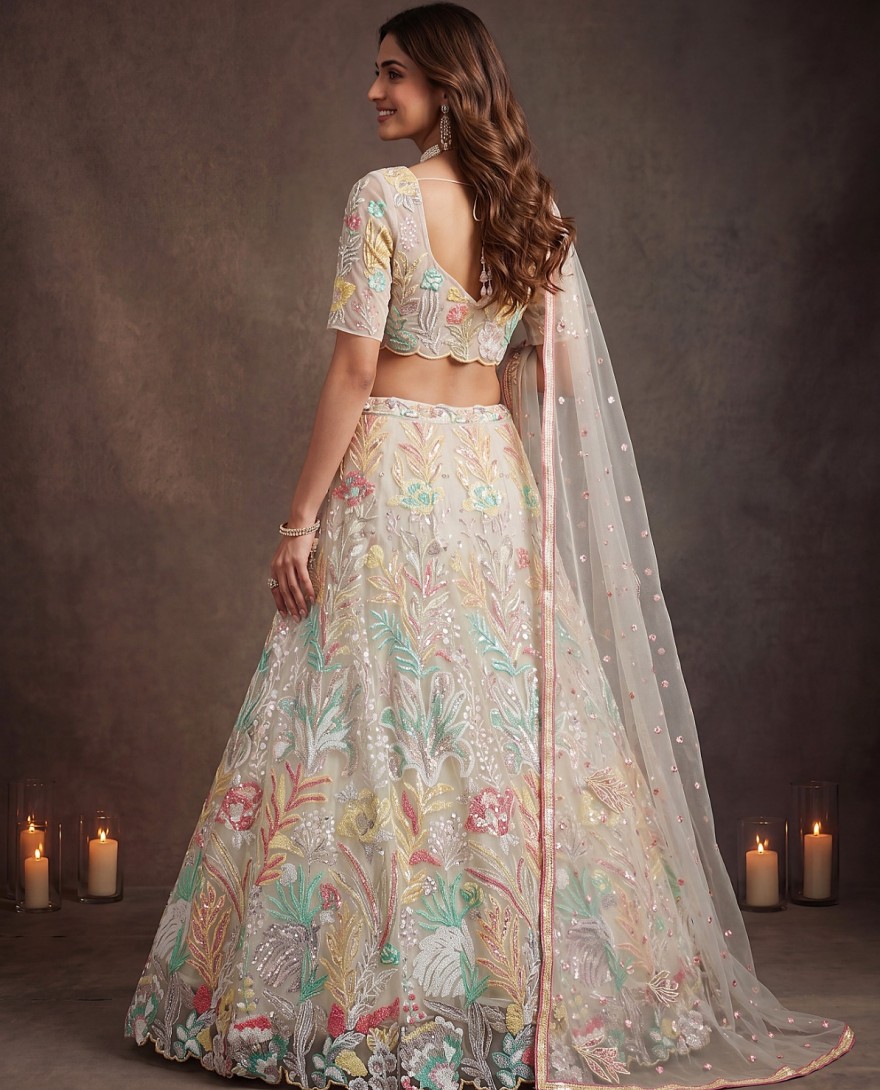 OFFWHITE - Charming Off-White Sequin Net Wedding Wear Lehenga Choli With Dupatta