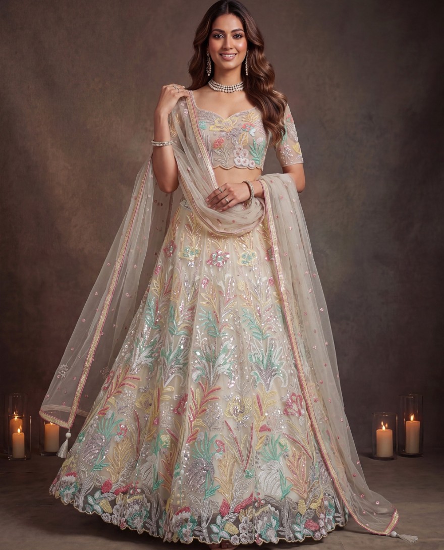 OFFWHITE - Charming Off-White Sequin Net Wedding Wear Lehenga Choli With Dupatta