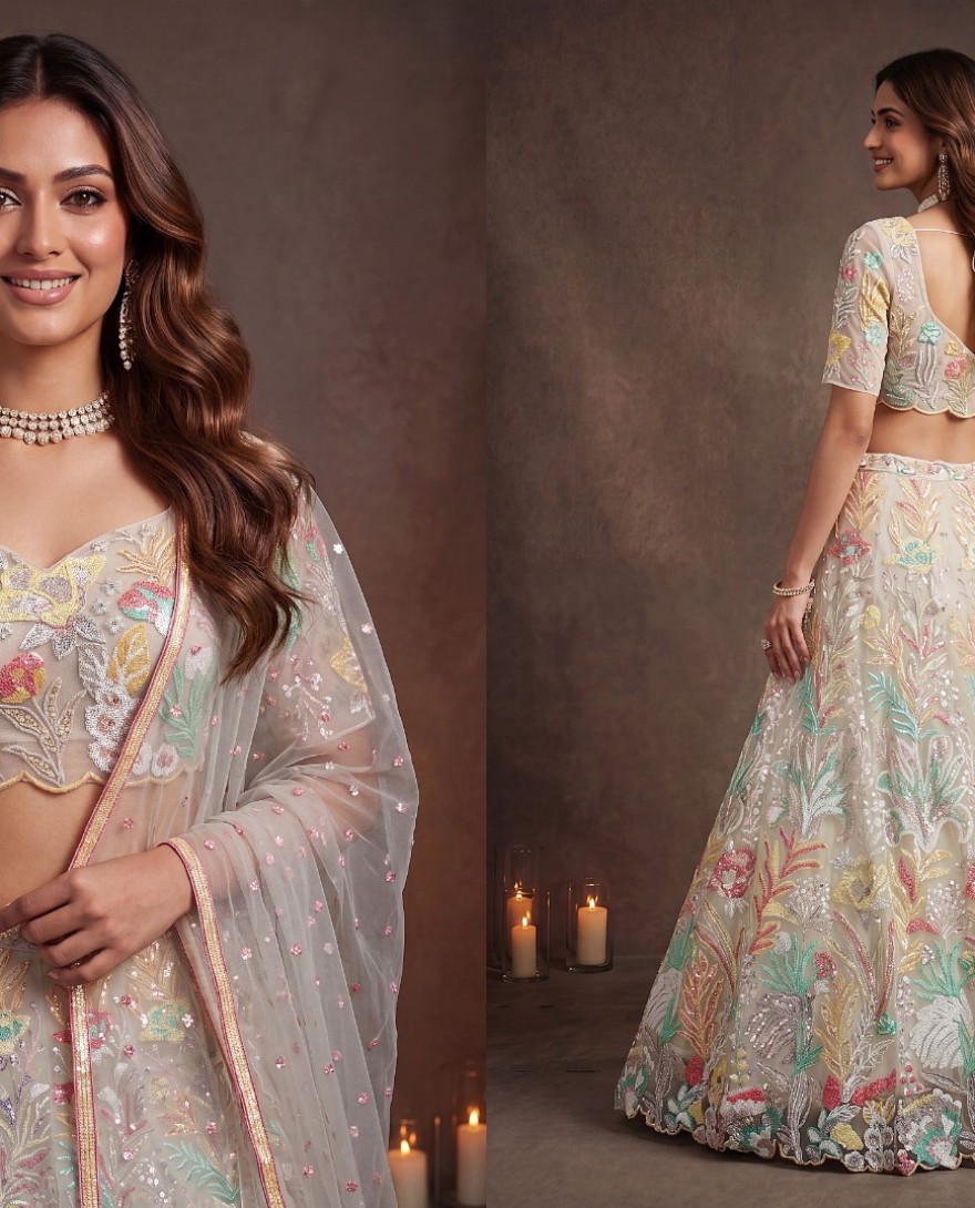 OFFWHITE - Charming Off-White Sequin Net Wedding Wear Lehenga Choli With Dupatta