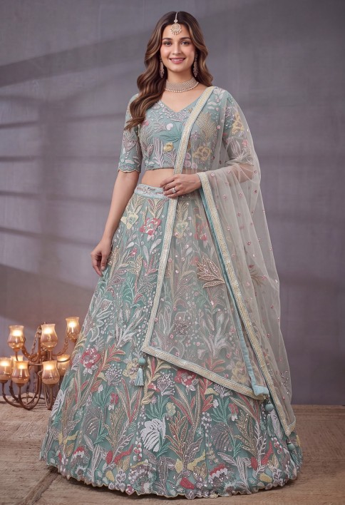 Sea Blue Multi Floral Embroidered Wedding Lehenga Choli