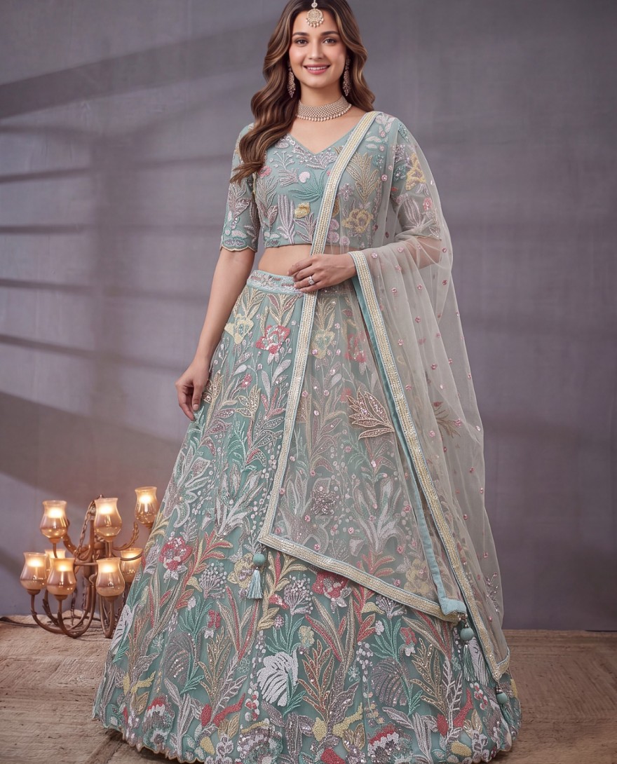 SEABLUE - Sea Blue Multi Floral Embroidered Wedding Lehenga Choli