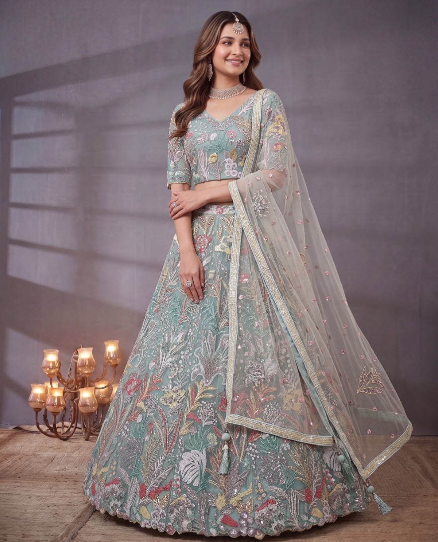 SEABLUE - Sea Blue Multi Floral Embroidered Wedding Lehenga Choli