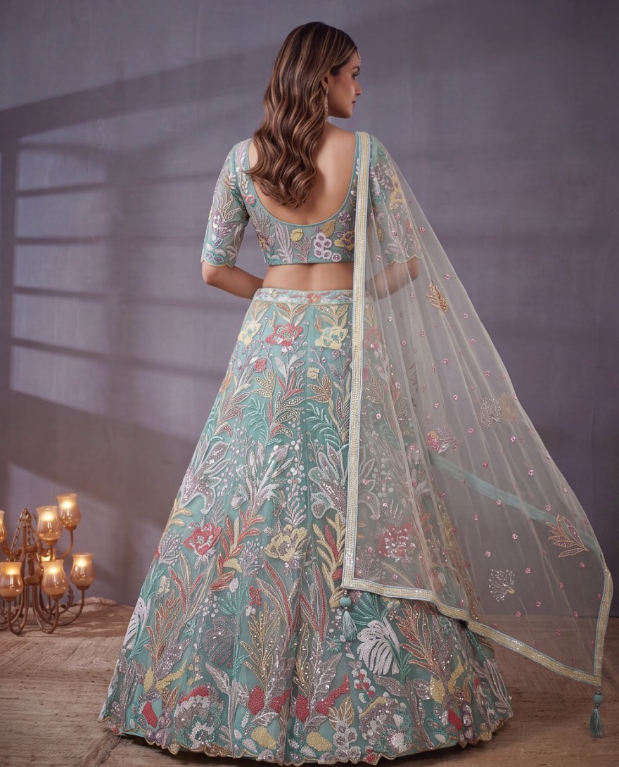 SEABLUE - Sea Blue Multi Floral Embroidered Wedding Lehenga Choli