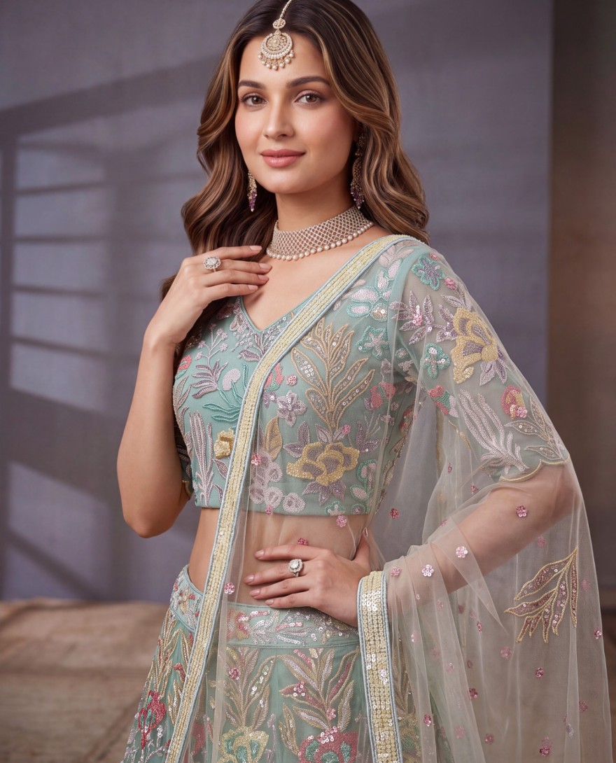 SEABLUE - Sea Blue Multi Floral Embroidered Wedding Lehenga Choli