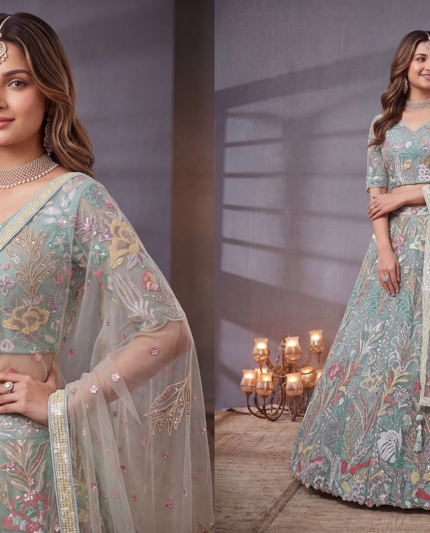 SEABLUE - Sea Blue Multi Floral Embroidered Wedding Lehenga Choli