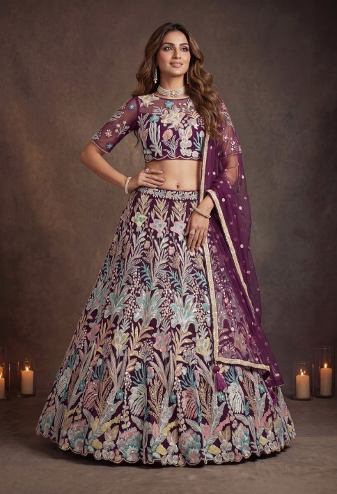 Majestic Wine Soft Net Floral Embroidered Designer Lehenga Choli with Dupatta for Women