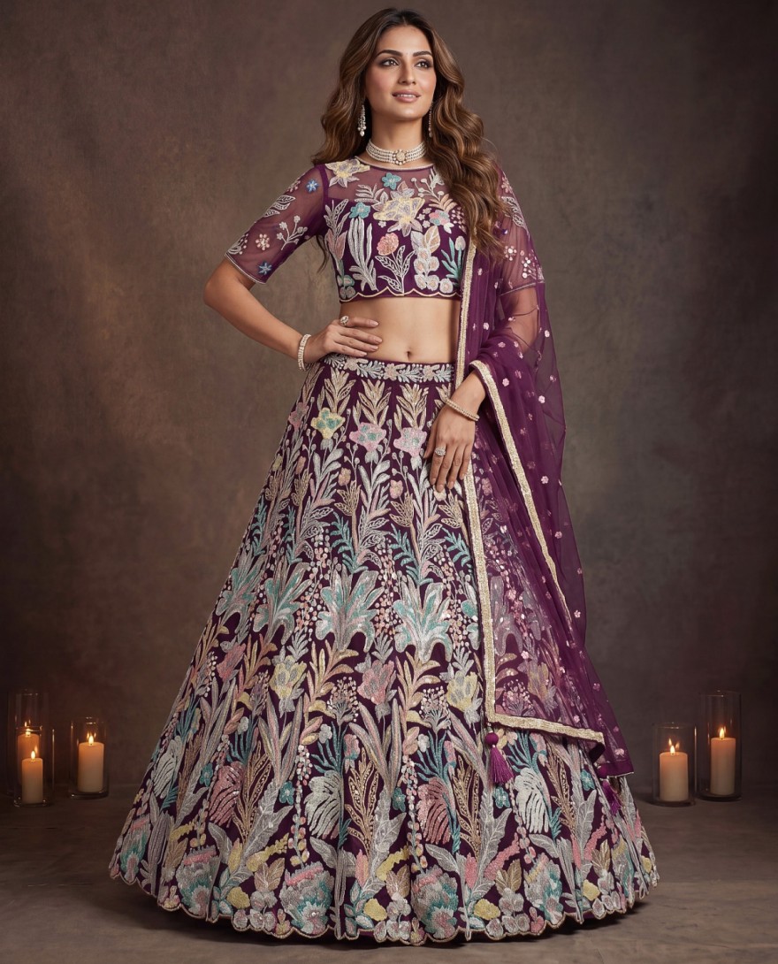 PURPLE - Majestic Wine Soft Net Floral Embroidered Designer Lehenga Choli with Dupatta for Women