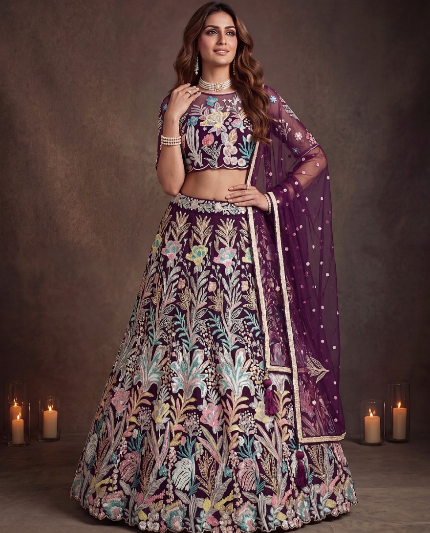 PURPLE - Majestic Wine Soft Net Floral Embroidered Designer Lehenga Choli with Dupatta for Women