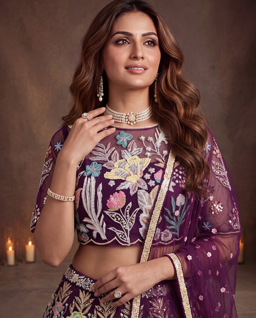 PURPLE - Majestic Wine Soft Net Floral Embroidered Designer Lehenga Choli with Dupatta for Women