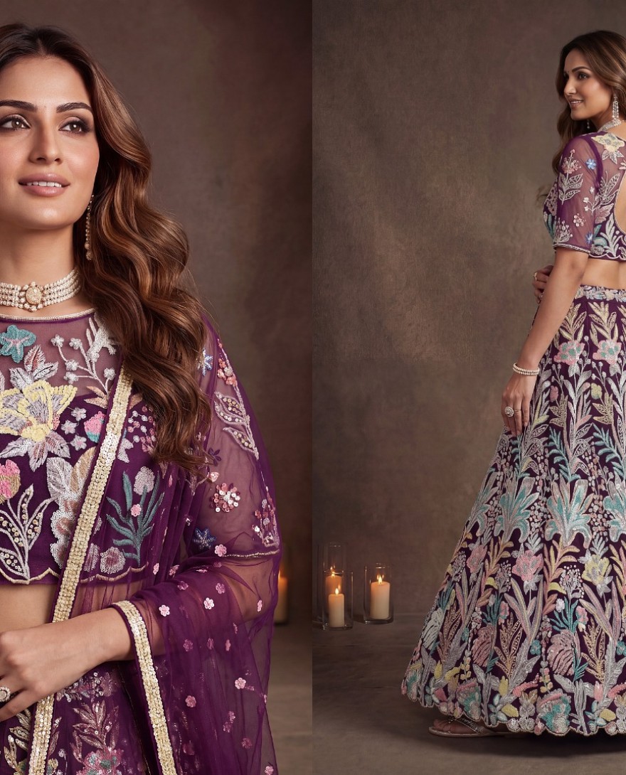 PURPLE - Majestic Wine Soft Net Floral Embroidered Designer Lehenga Choli with Dupatta for Women