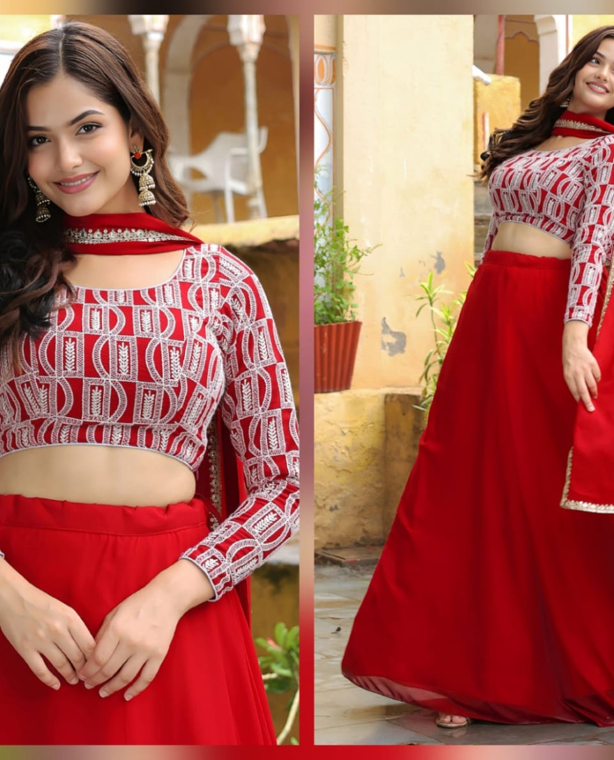15050 - Wonderful Red Georgette Event Wear Lehenga With Embroidered Choli