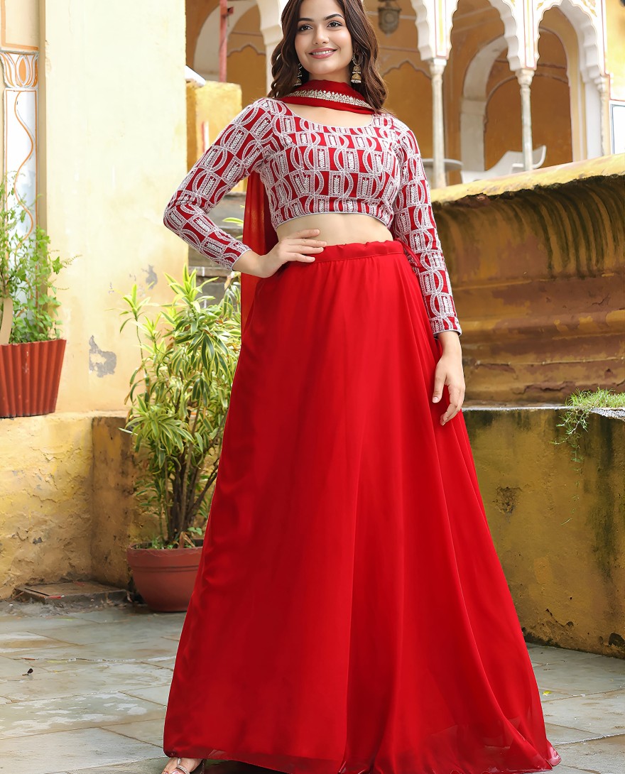 15050 - Wonderful Red Georgette Event Wear Lehenga With Embroidered Choli
