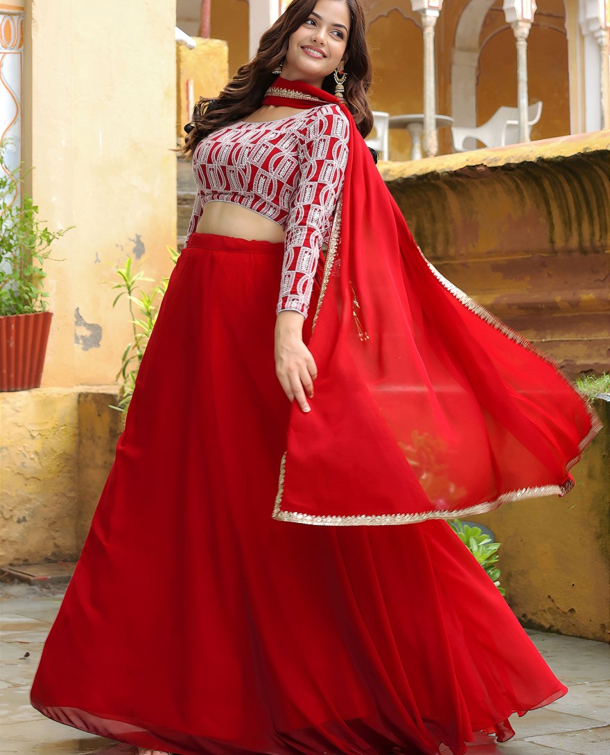 15050 - Wonderful Red Georgette Event Wear Lehenga With Embroidered Choli