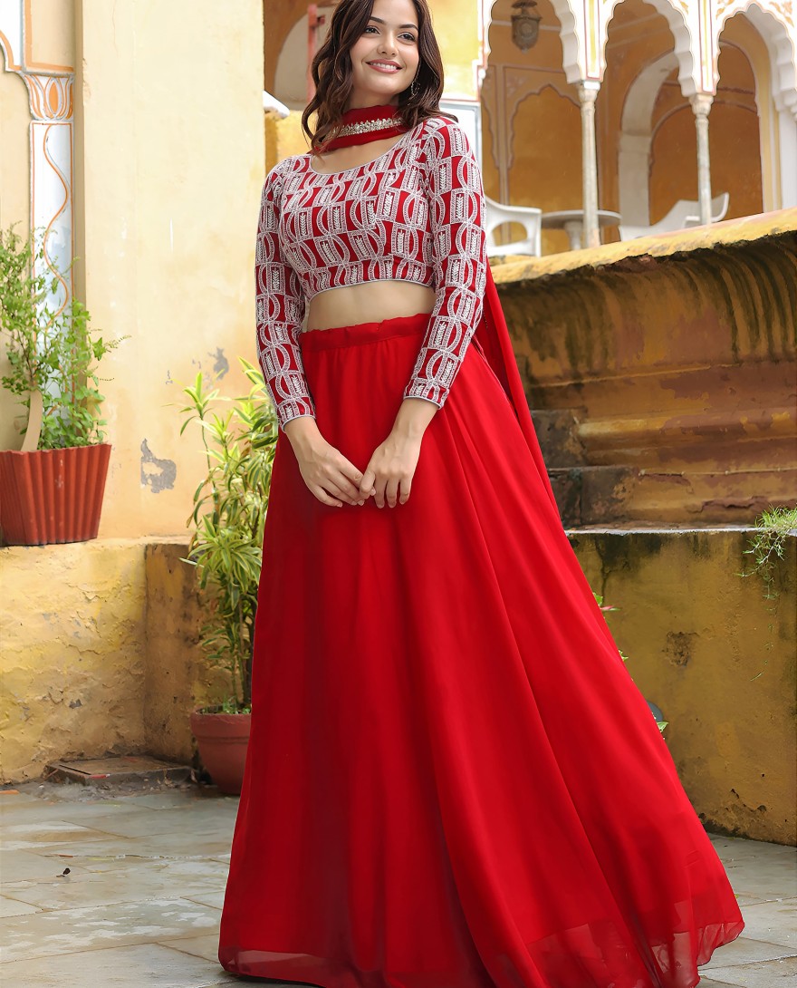 15050 - Wonderful Red Georgette Event Wear Lehenga With Embroidered Choli