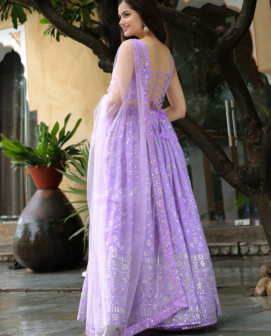15058 - Enchanting Lavender Sequins Georgette Lehenga Choli With Dupatta