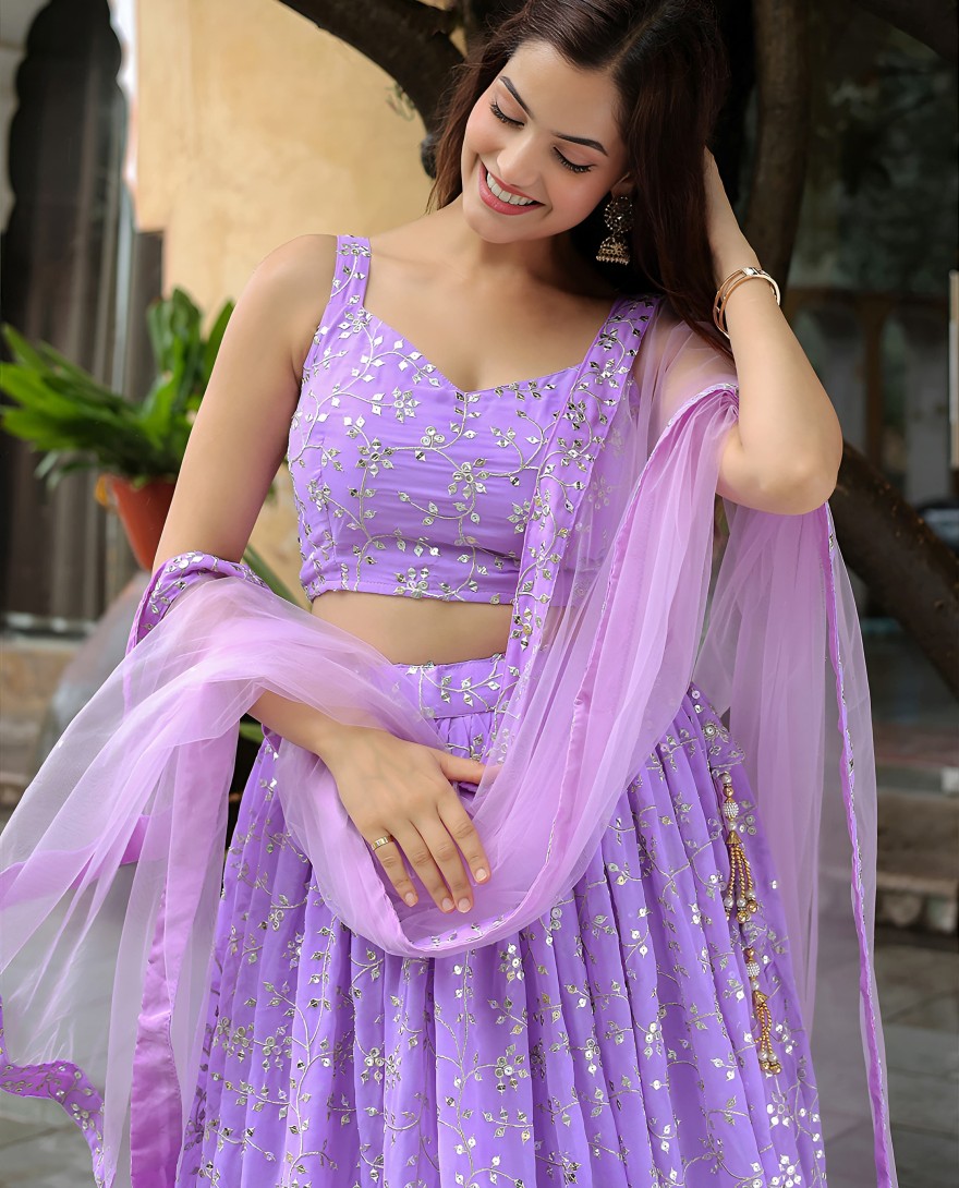15058 - Enchanting Lavender Sequins Georgette Lehenga Choli With Dupatta