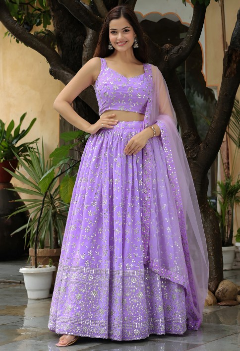 Enchanting Lavender Sequins Georgette Lehenga Choli With Dupatta