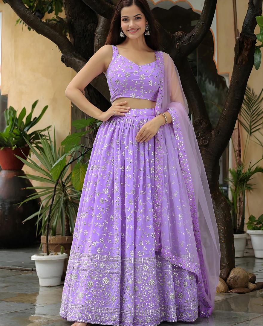 15058 - Enchanting Lavender Sequins Georgette Lehenga Choli With Dupatta