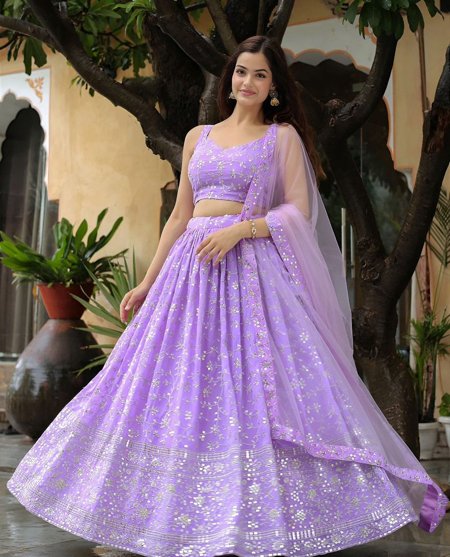 15058 - Enchanting Lavender Sequins Georgette Lehenga Choli With Dupatta