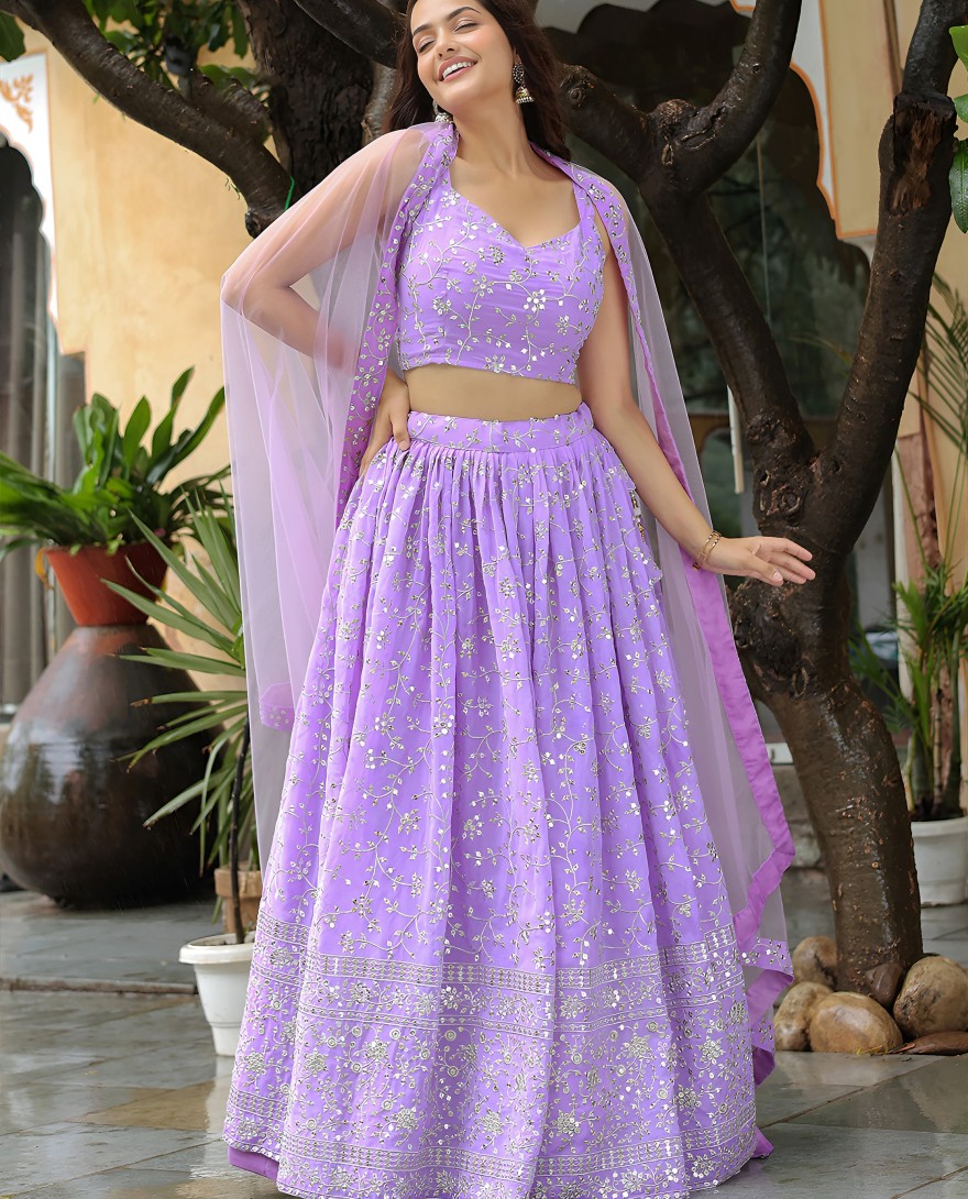 15058 - Enchanting Lavender Sequins Georgette Lehenga Choli With Dupatta