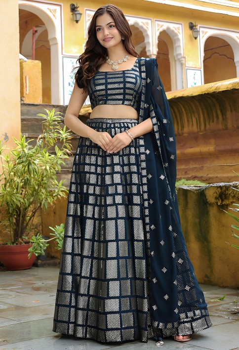 Wonderful Teal Blue Embroidered Georgette Wedding Wear Lehenga Choli
