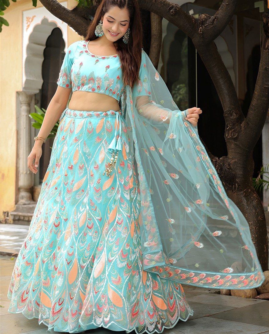 16012 - Amazing Sky Blue Sequins Net Bridesmaid Lehenga Choli With Dupatta